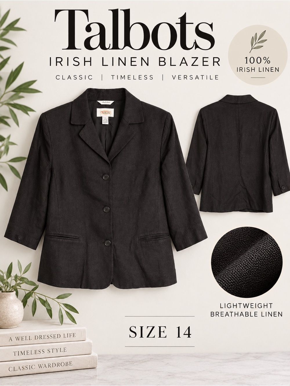 Talbots Irish Linen Black Blazer Jacket Size 14 100% Linen Classic